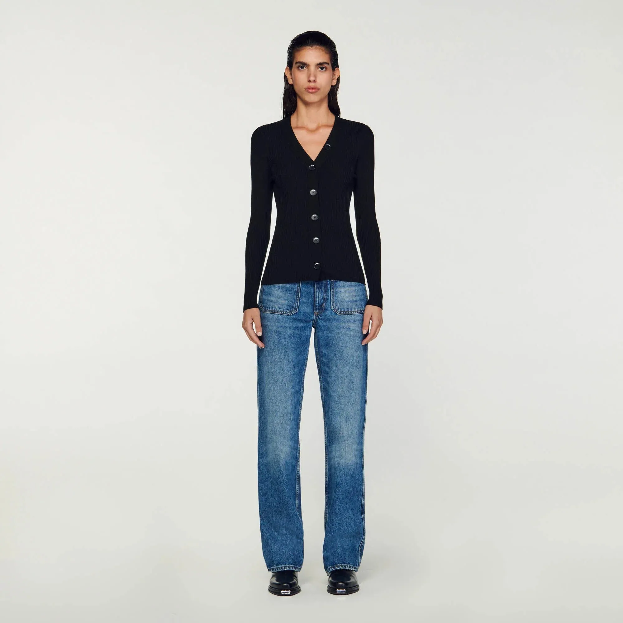 Gabrielle Fine Ribbed Knit Cardigan Black
