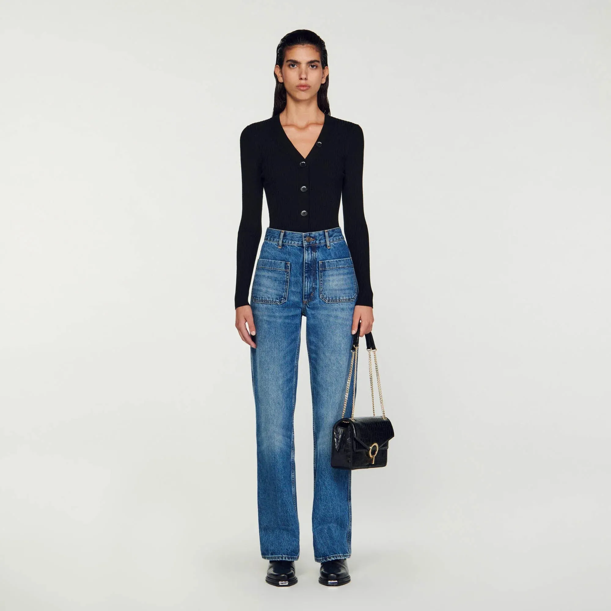 Gabrielle Fine Ribbed Knit Cardigan Black
