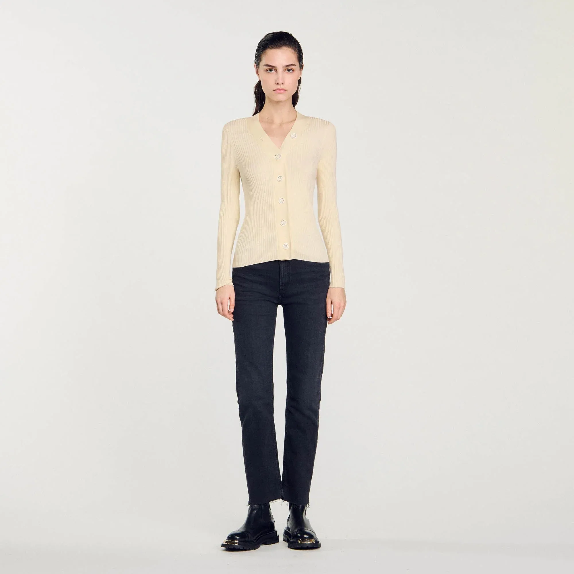 Gabrielle Fine Ribbed Knit Cardigan Ecru