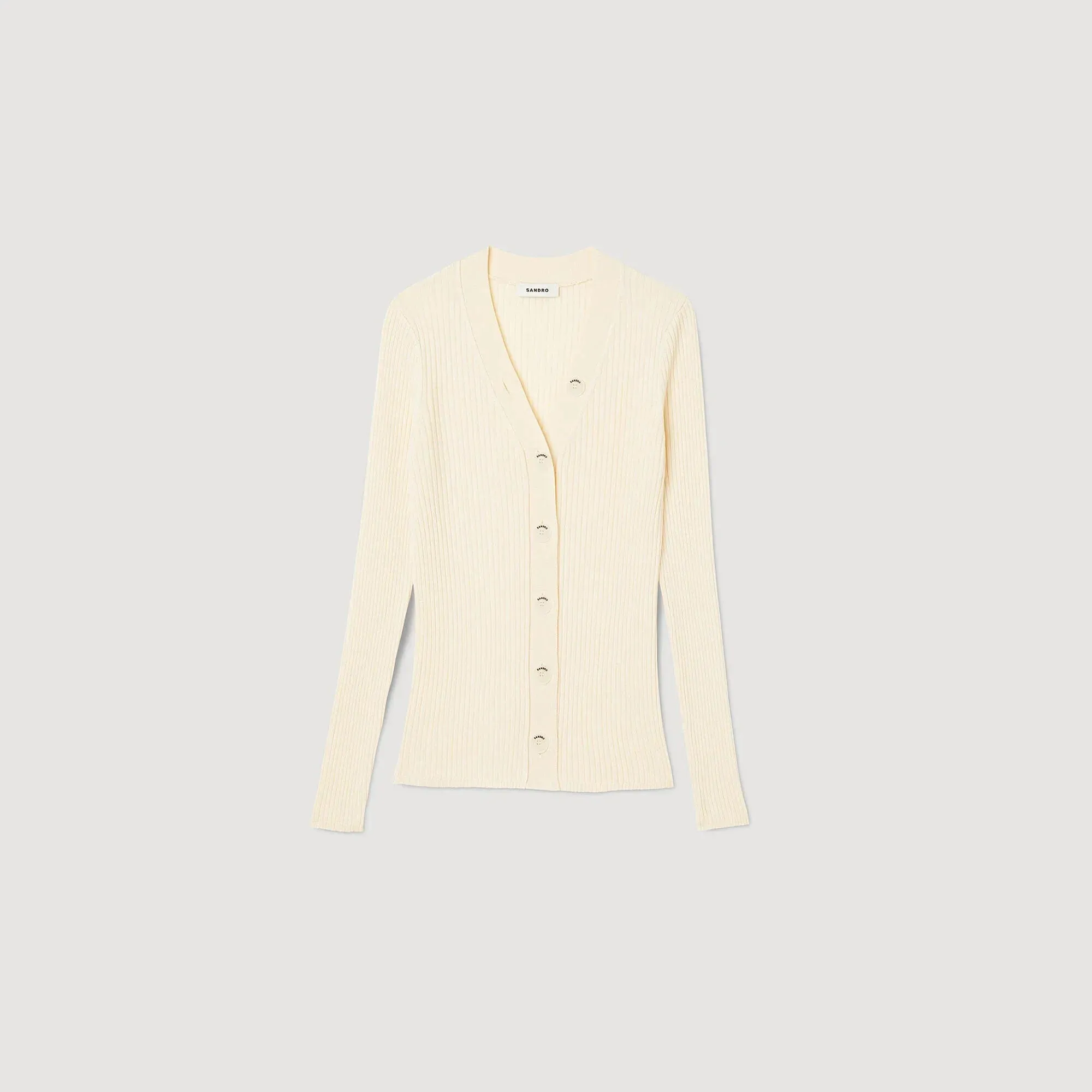 Gabrielle Fine Ribbed Knit Cardigan Ecru