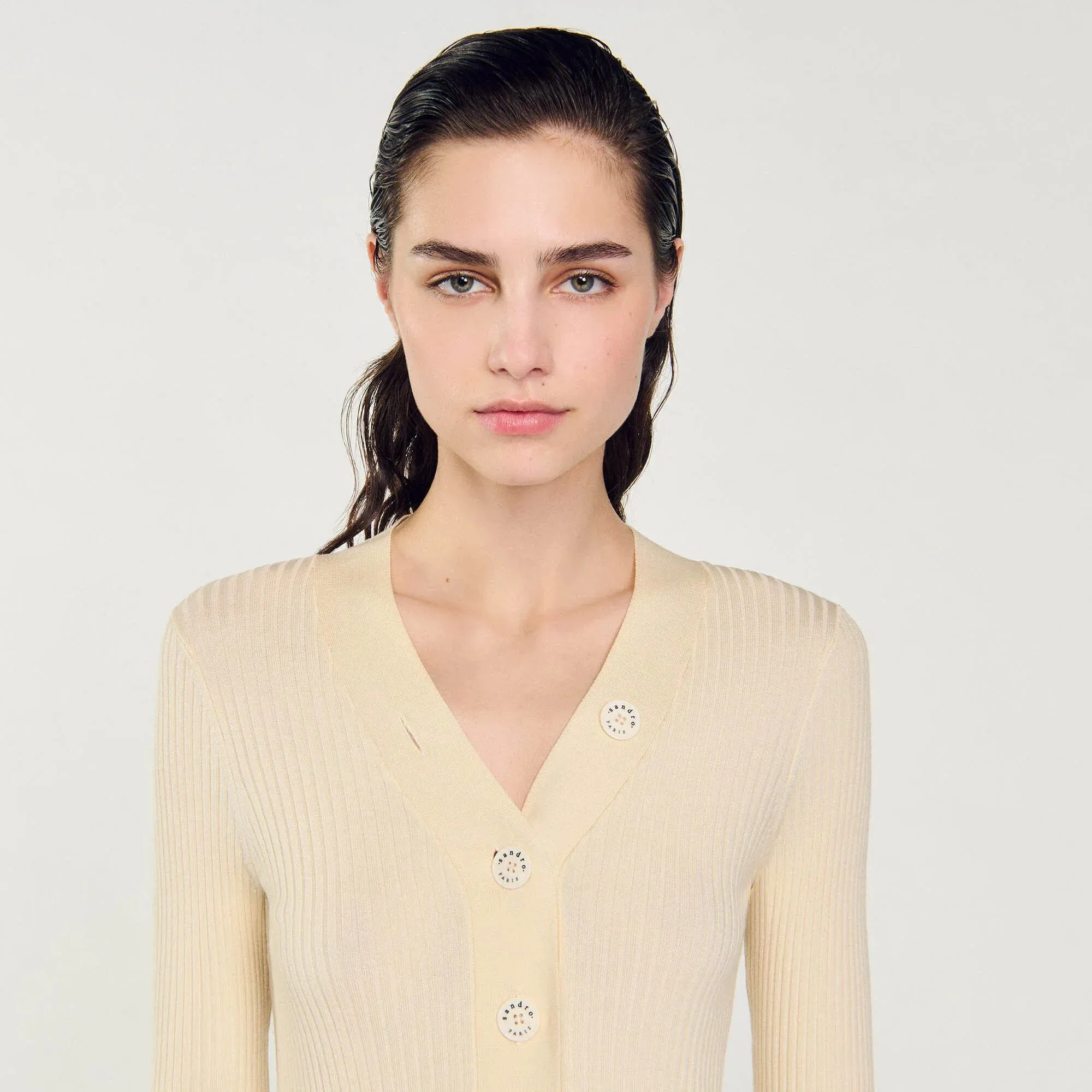 Gabrielle Fine Ribbed Knit Cardigan Ecru
