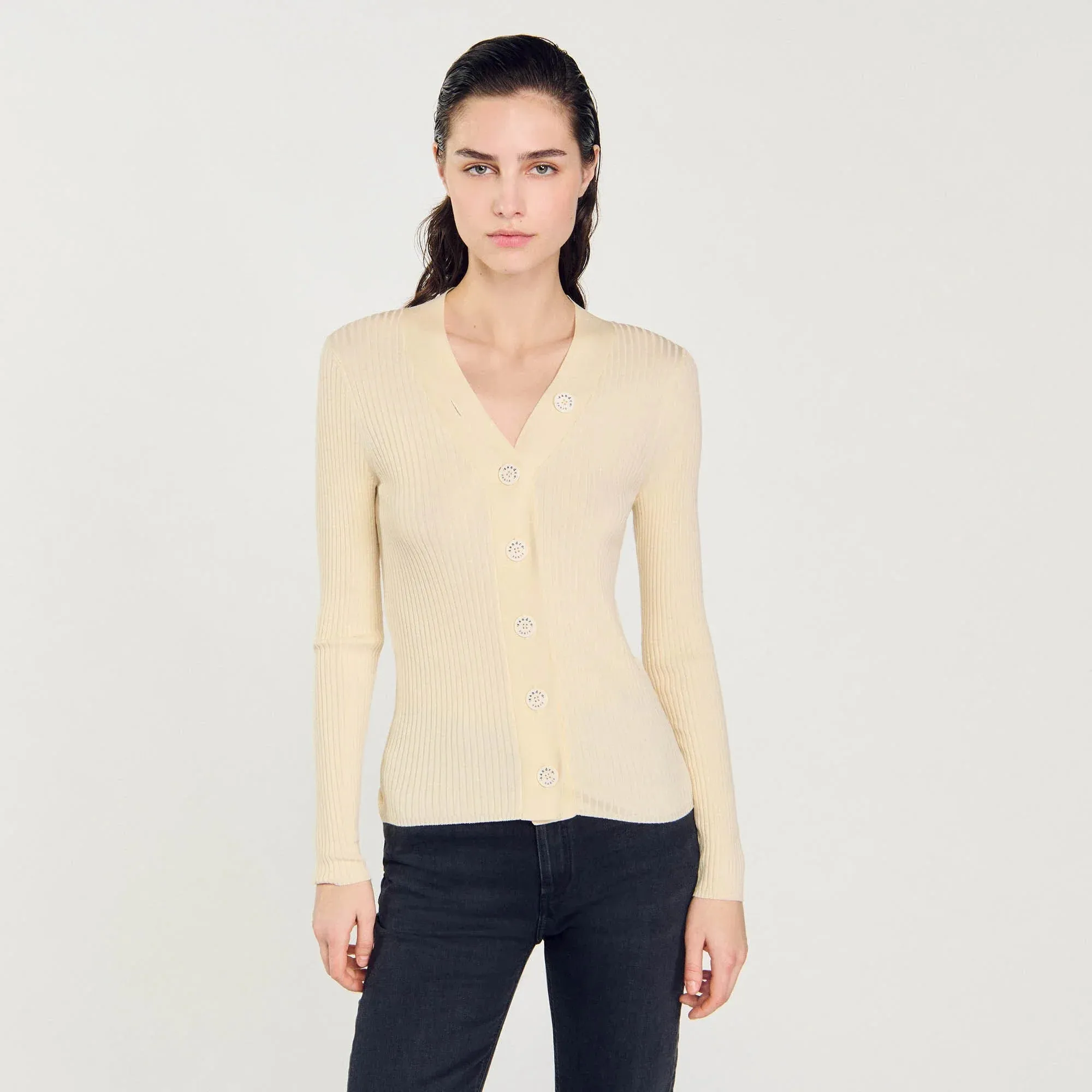 Gabrielle Fine Ribbed Knit Cardigan Ecru