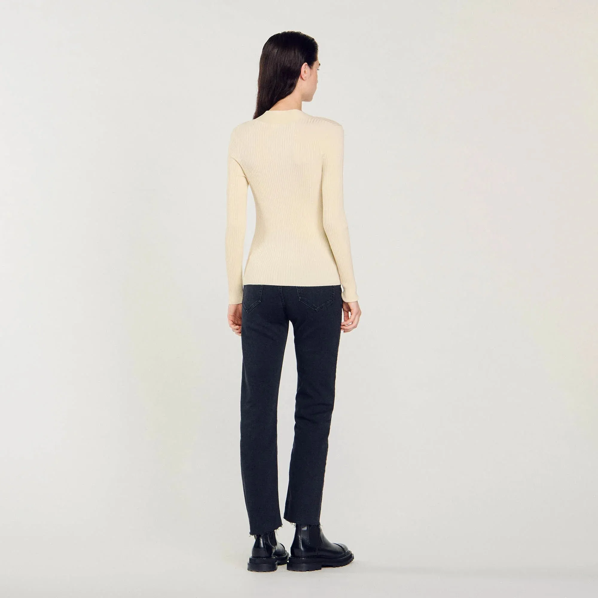 Gabrielle Fine Ribbed Knit Cardigan Ecru