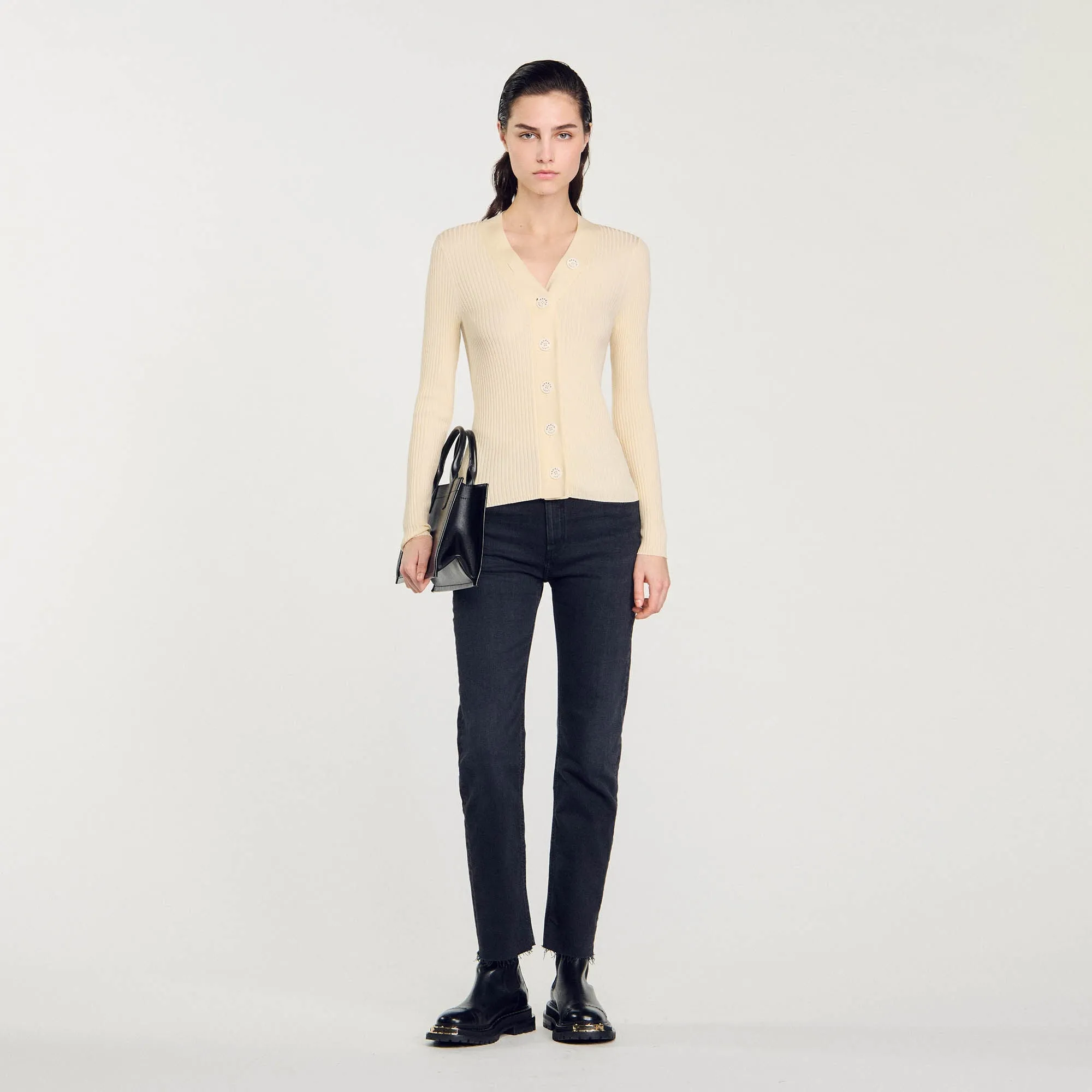 Gabrielle Fine Ribbed Knit Cardigan Ecru