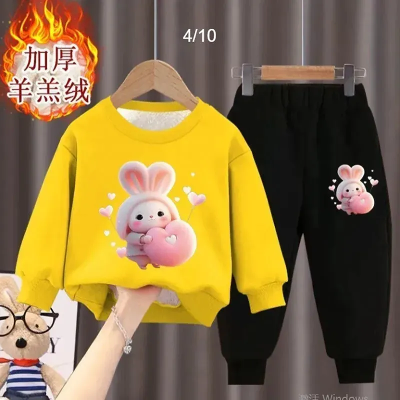 Girl's internet celebrity new little bunny stylish plush thickened hoodie two-piece set for girls and babies fashionable winter