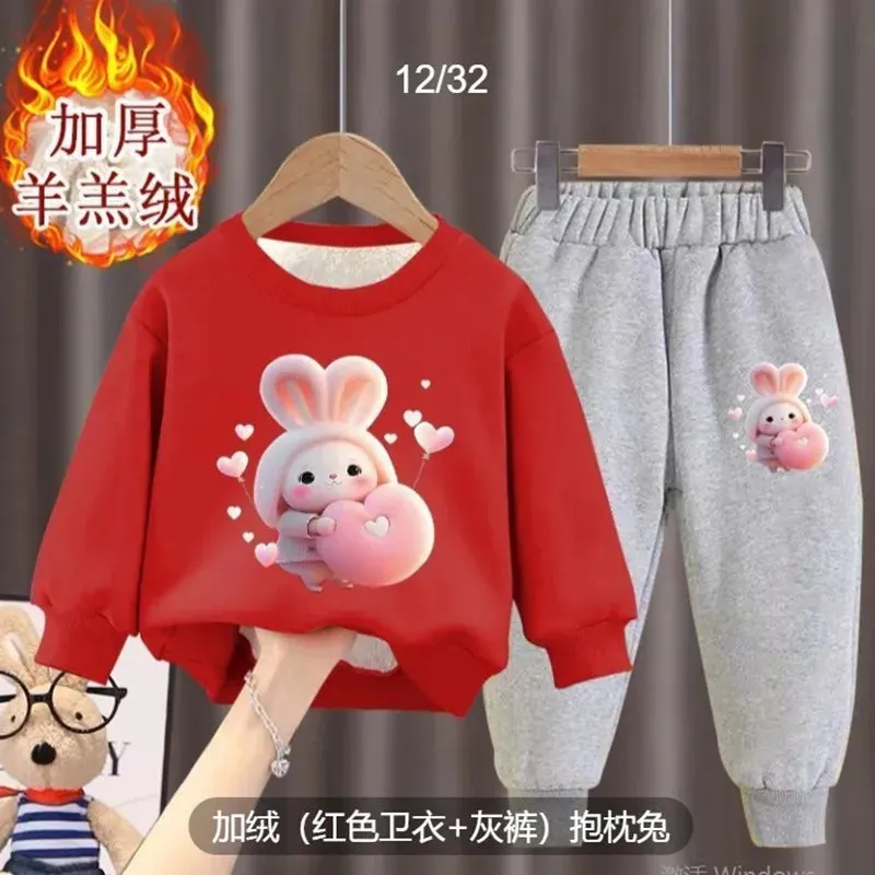 Girl's internet celebrity new little bunny stylish plush thickened hoodie two-piece set for girls and babies fashionable winter