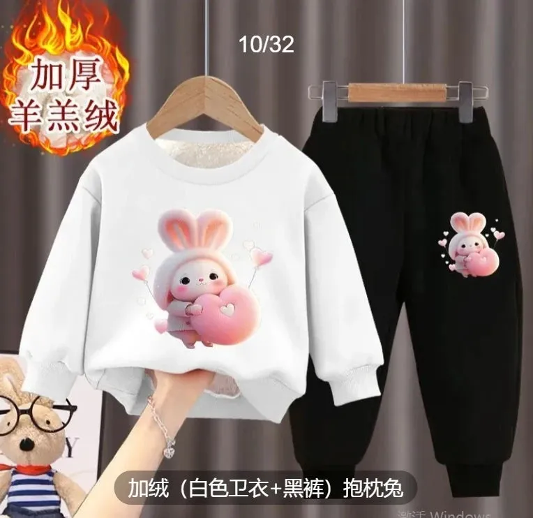 Girl's internet celebrity new little bunny stylish plush thickened hoodie two-piece set for girls and babies fashionable winter