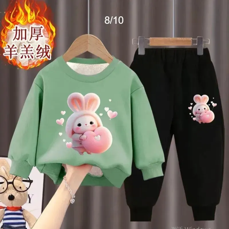 Girl's internet celebrity new little bunny stylish plush thickened hoodie two-piece set for girls and babies fashionable winter