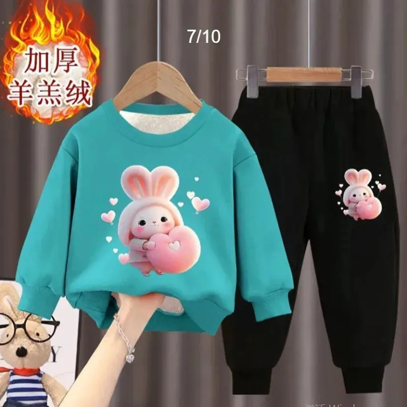 Girl's internet celebrity new little bunny stylish plush thickened hoodie two-piece set for girls and babies fashionable winter