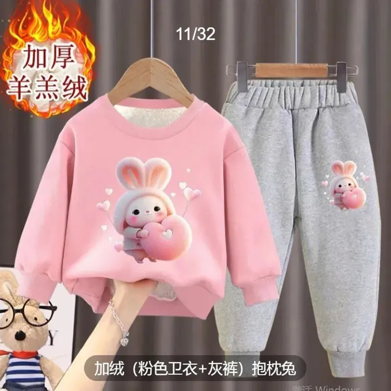 Girl's internet celebrity new little bunny stylish plush thickened hoodie two-piece set for girls and babies fashionable winter