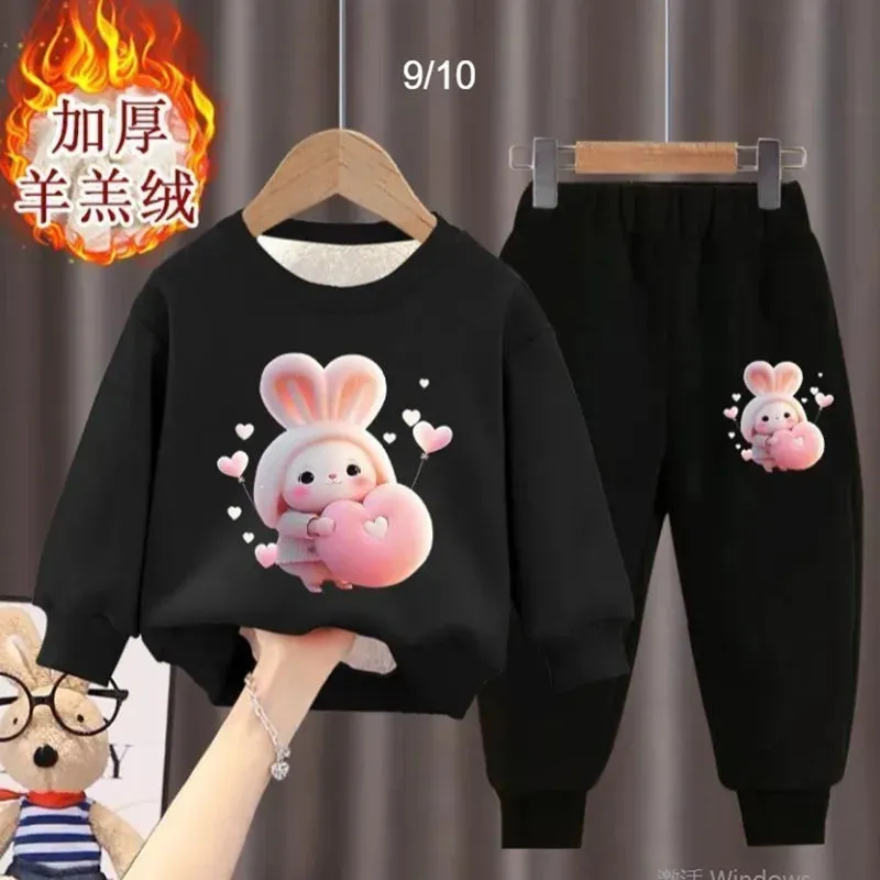 Girl's internet celebrity new little bunny stylish plush thickened hoodie two-piece set for girls and babies fashionable winter