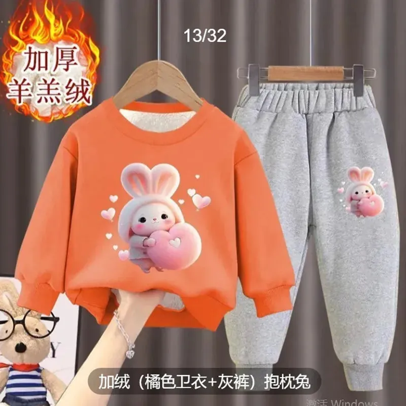 Girl's internet celebrity new little bunny stylish plush thickened hoodie two-piece set for girls and babies fashionable winter
