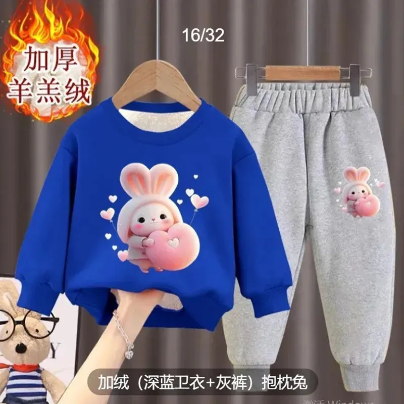 Girl's internet celebrity new little bunny stylish plush thickened hoodie two-piece set for girls and babies fashionable winter