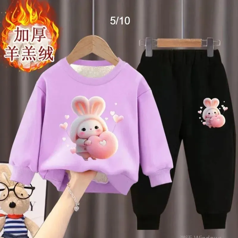 Girl's internet celebrity new little bunny stylish plush thickened hoodie two-piece set for girls and babies fashionable winter