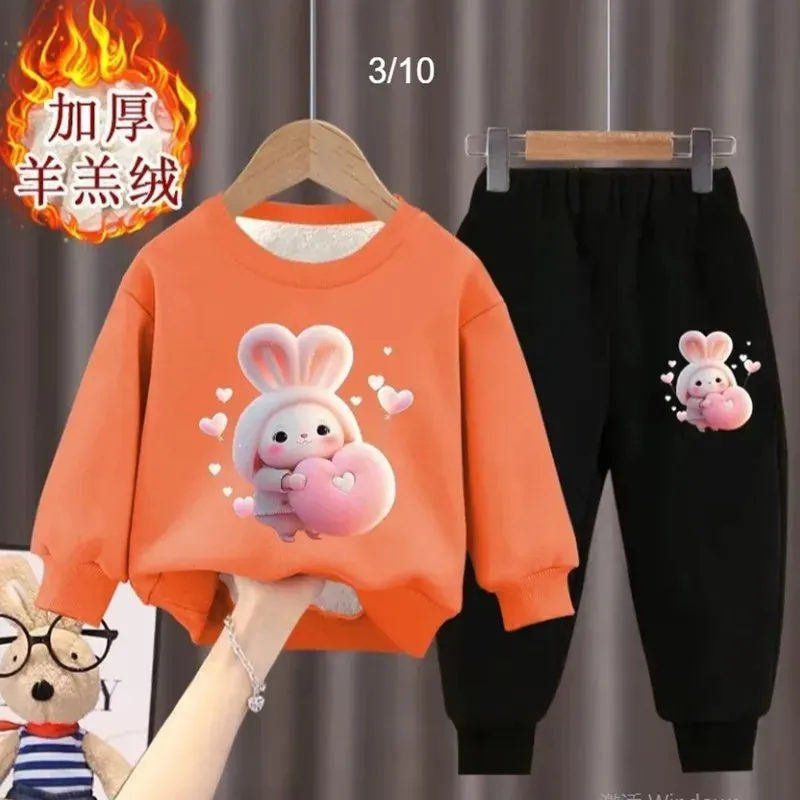 Girl's internet celebrity new little bunny stylish plush thickened hoodie two-piece set for girls and babies fashionable winter