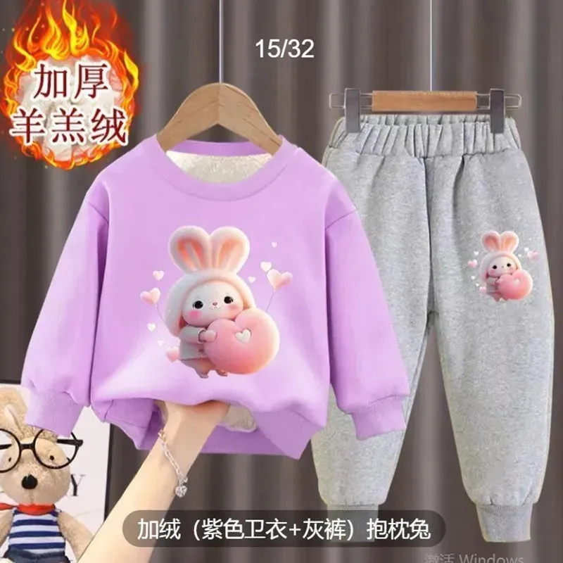Girl's internet celebrity new little bunny stylish plush thickened hoodie two-piece set for girls and babies fashionable winter