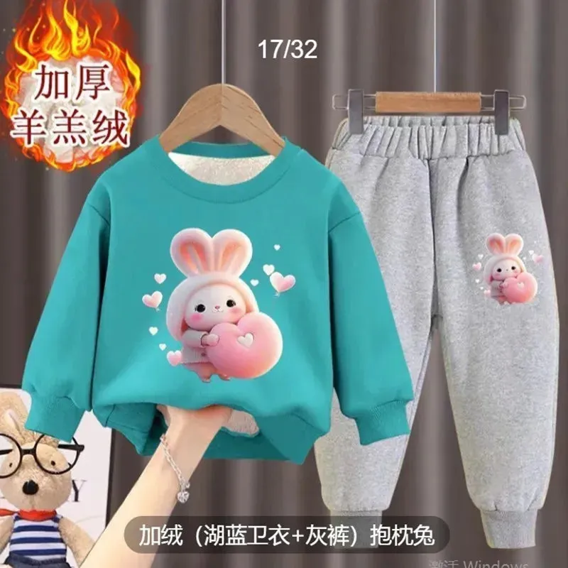 Girl's internet celebrity new little bunny stylish plush thickened hoodie two-piece set for girls and babies fashionable winter
