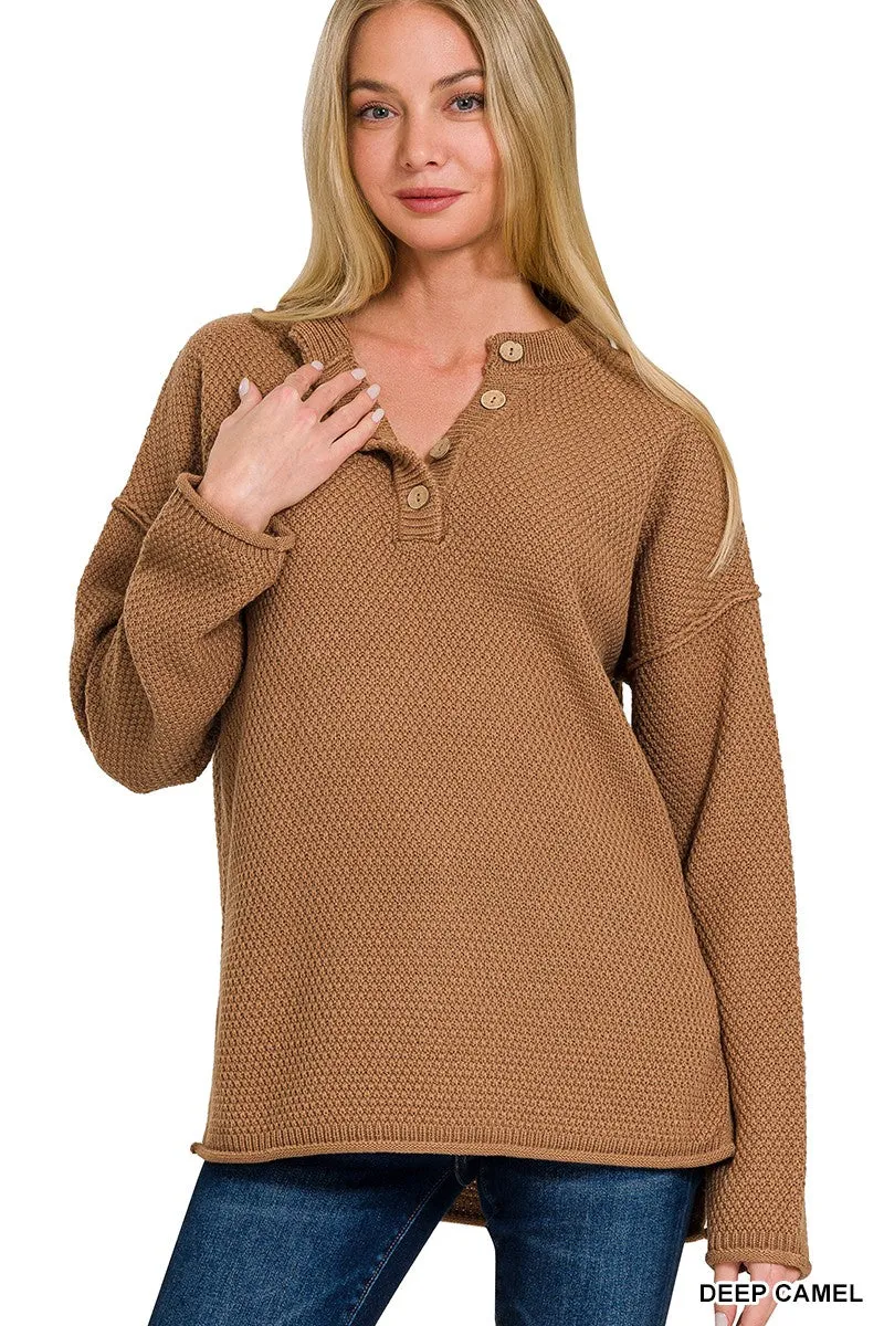 Henley Heaven Deep Camel Button Sweater (Size L/XL)