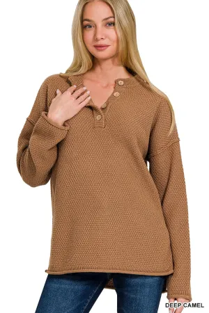 Henley Heaven Deep Camel Button Sweater (Size L/XL)