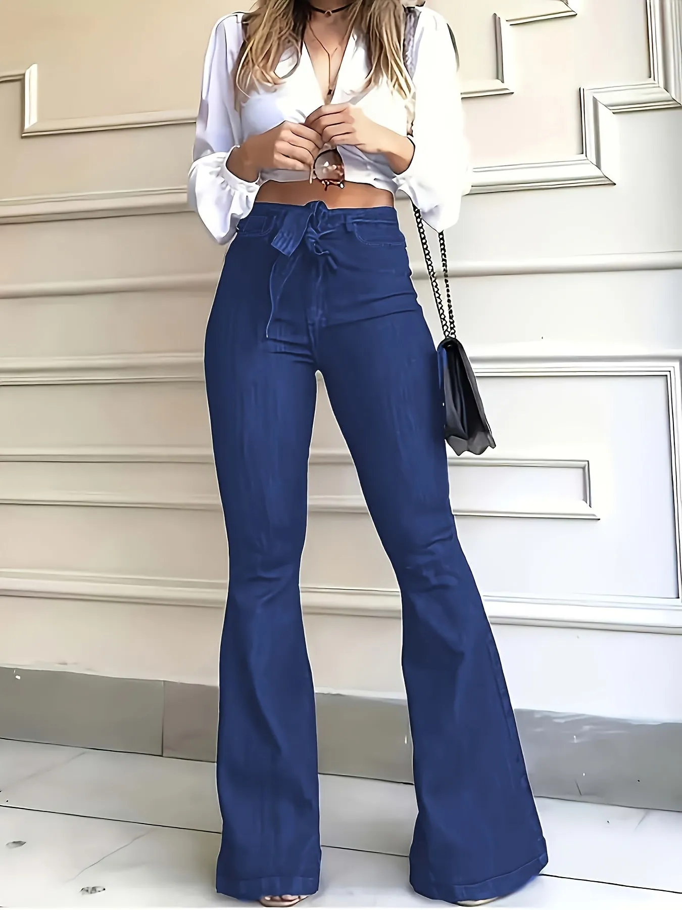 High-Waisted Flared Leg Stretchy Denim Jeans - Soft, Comfortable, and Versatile for All Seasons - Customized Casual Style with Belt