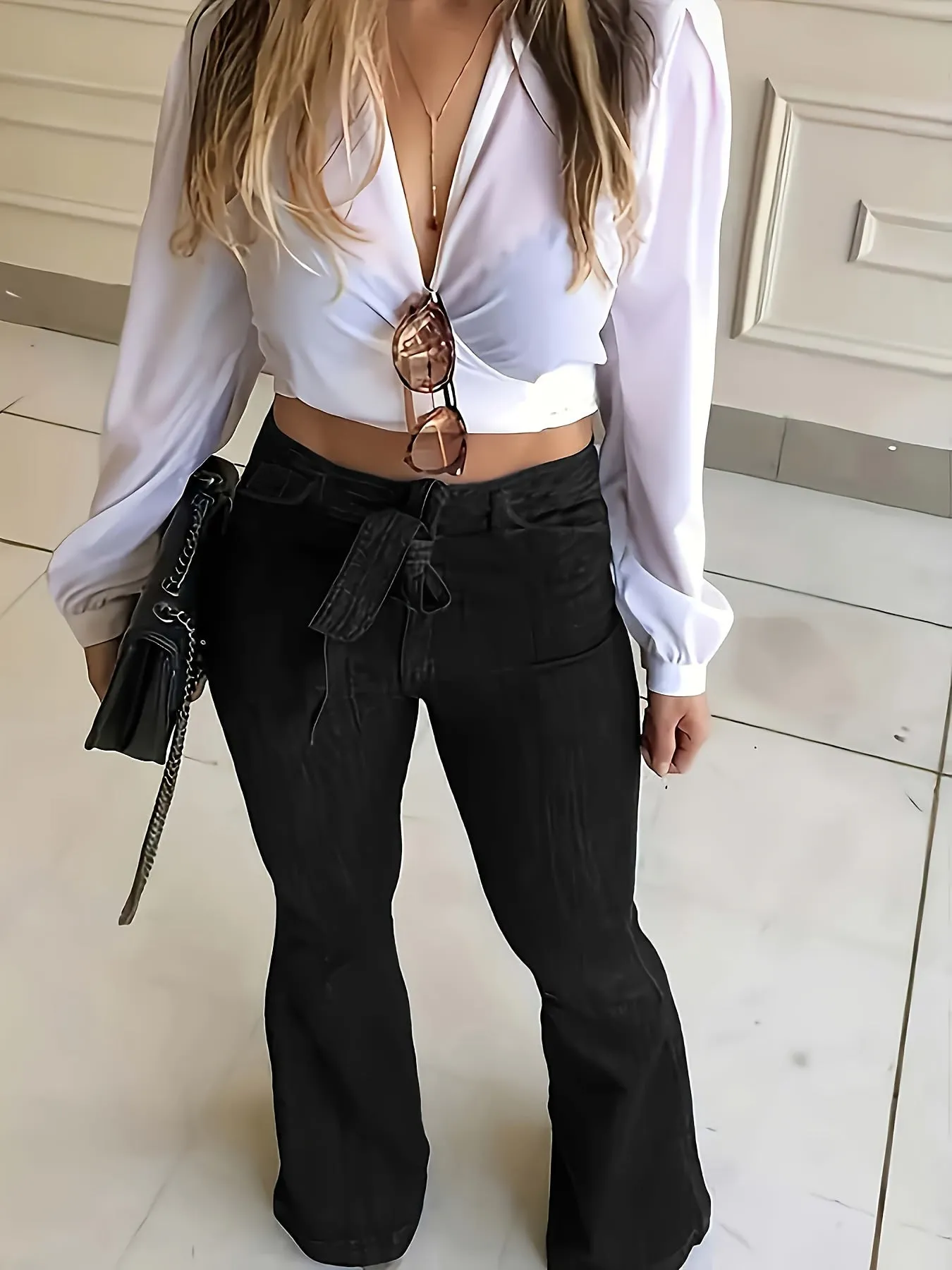 High-Waisted Flared Leg Stretchy Denim Jeans - Soft, Comfortable, and Versatile for All Seasons - Customized Casual Style with Belt