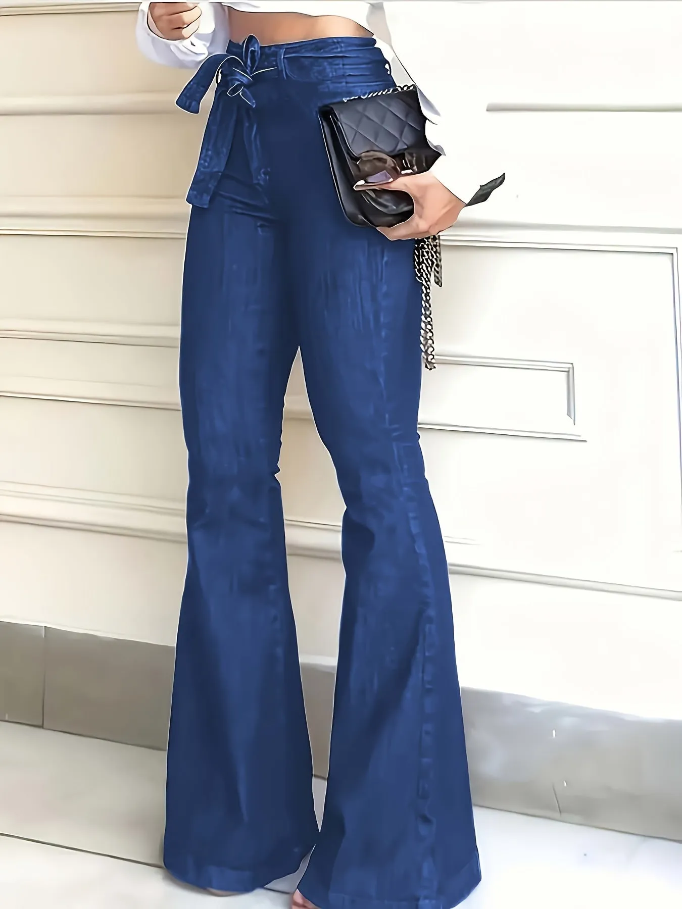 High-Waisted Flared Leg Stretchy Denim Jeans - Soft, Comfortable, and Versatile for All Seasons - Customized Casual Style with Belt
