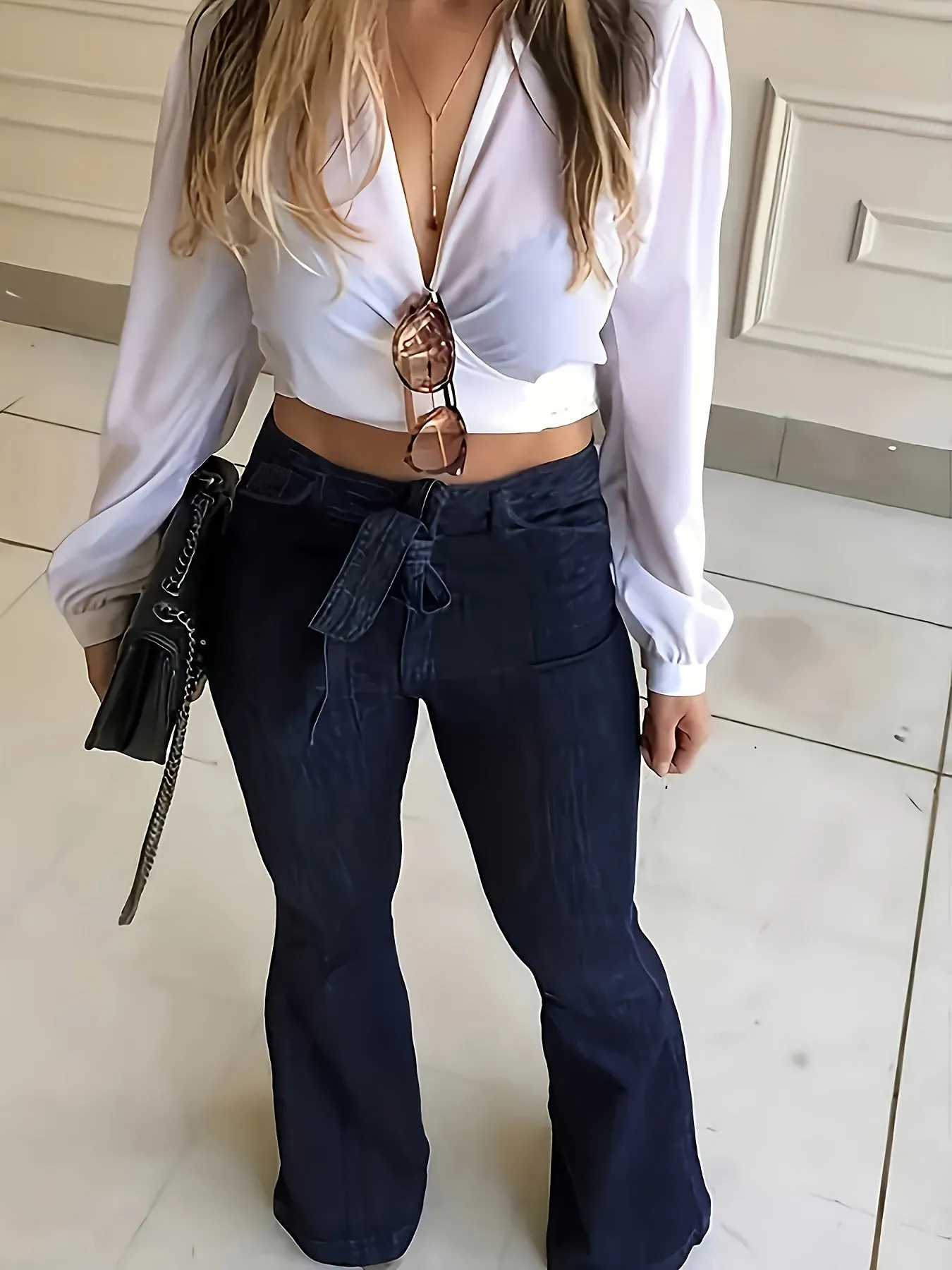 High-Waisted Flared Leg Stretchy Denim Jeans - Soft, Comfortable, and Versatile for All Seasons - Customized Casual Style with Belt