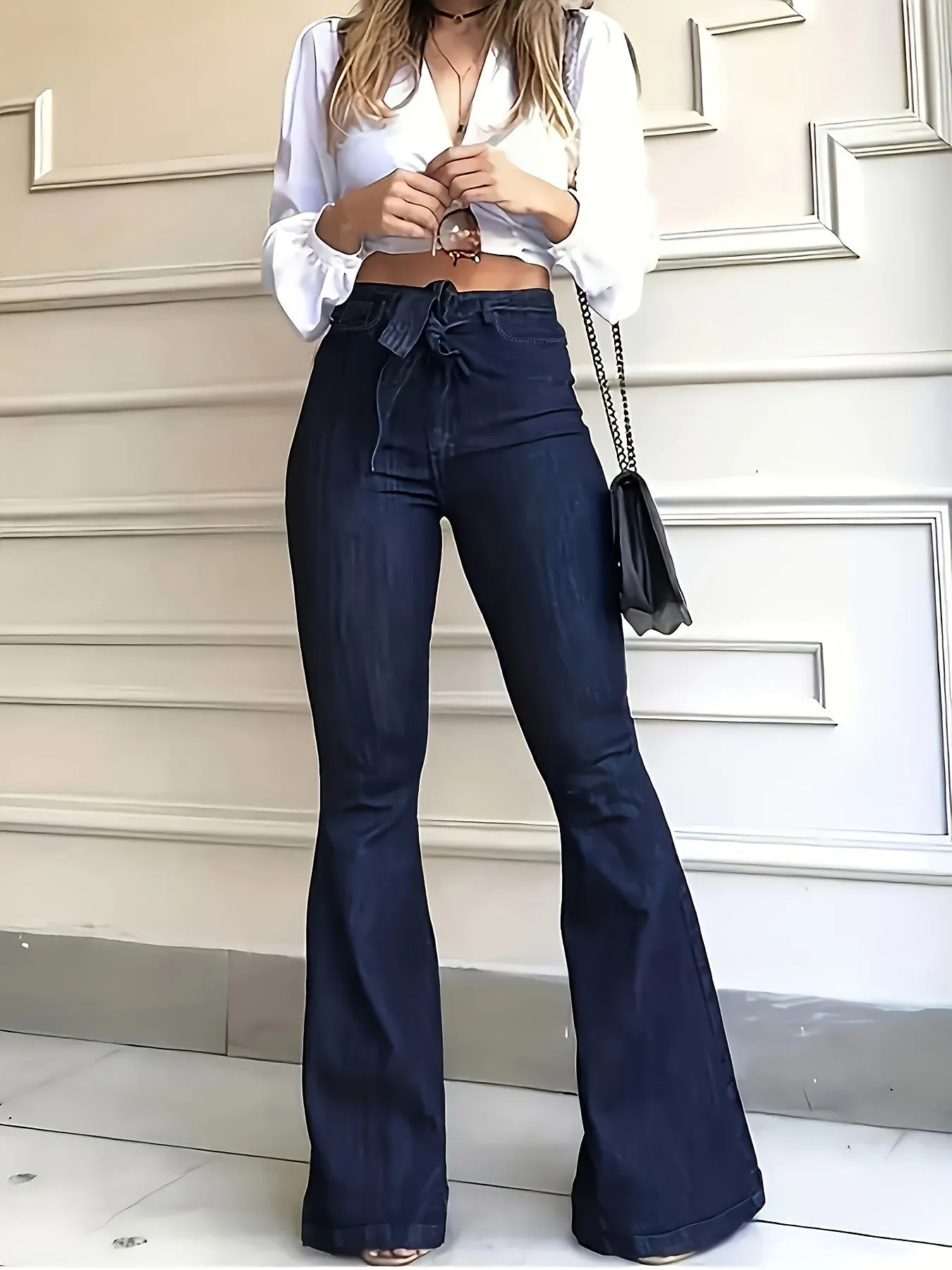 High-Waisted Flared Leg Stretchy Denim Jeans - Soft, Comfortable, and Versatile for All Seasons - Customized Casual Style with Belt