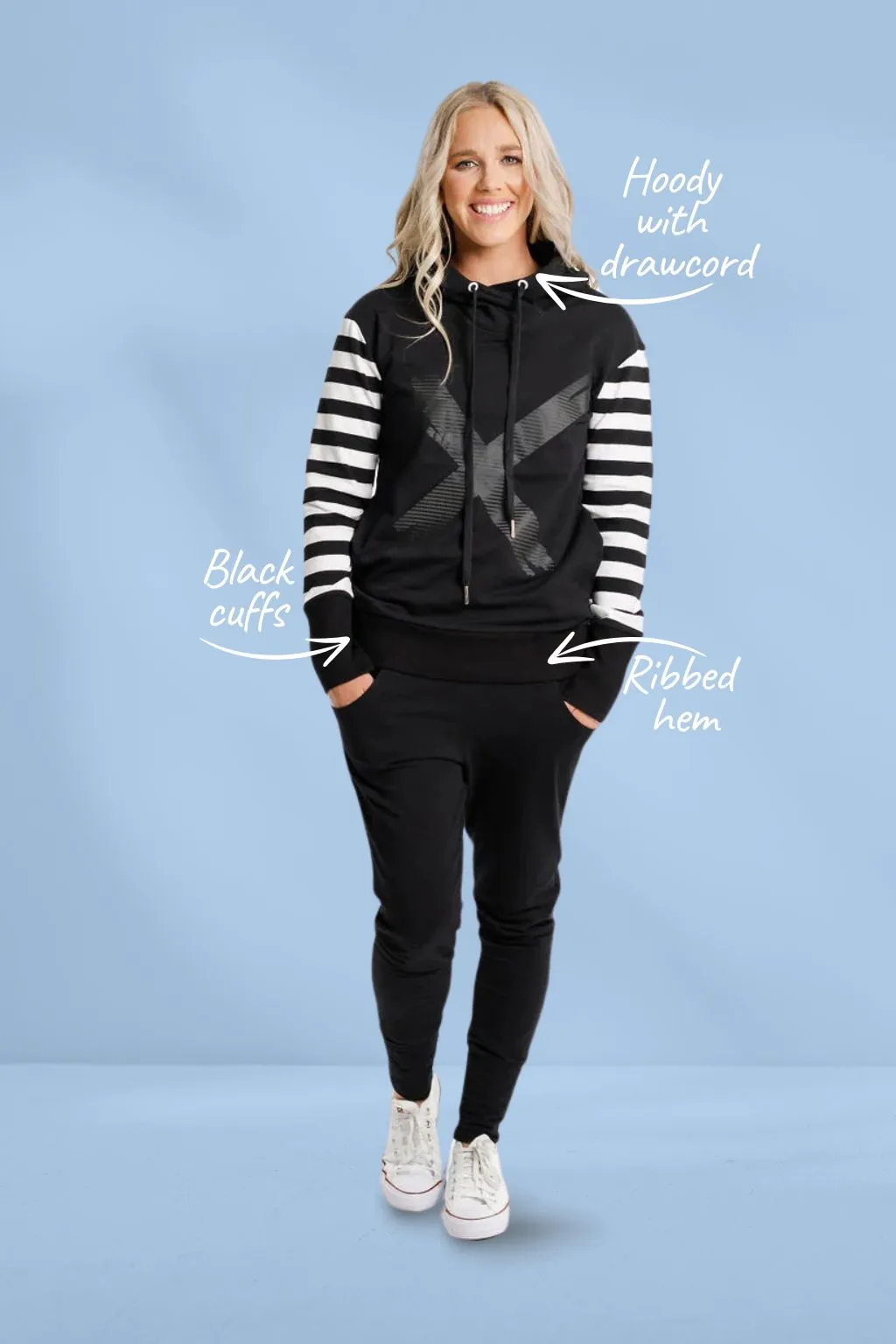 Homelee Hooded Sweatshirt Black Stripe Sleeves