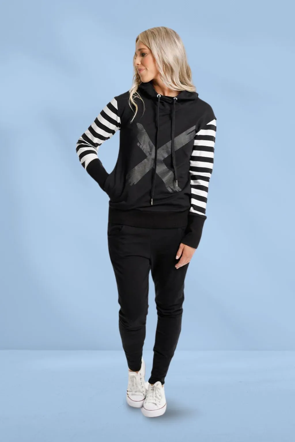 Homelee Hooded Sweatshirt Black Stripe Sleeves