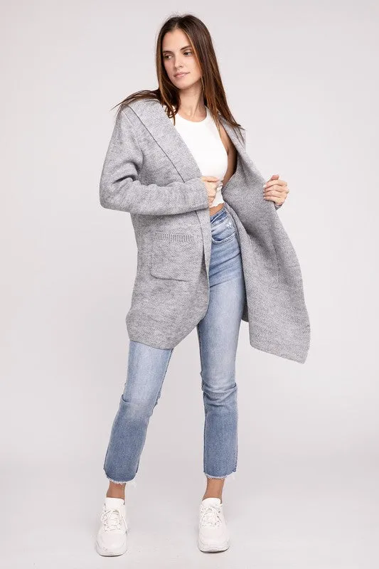 Hooded Open Front Sweater Cardigan - Zenana
