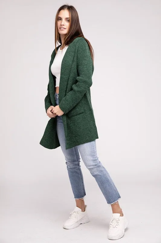 Hooded Open Front Sweater Cardigan - Zenana