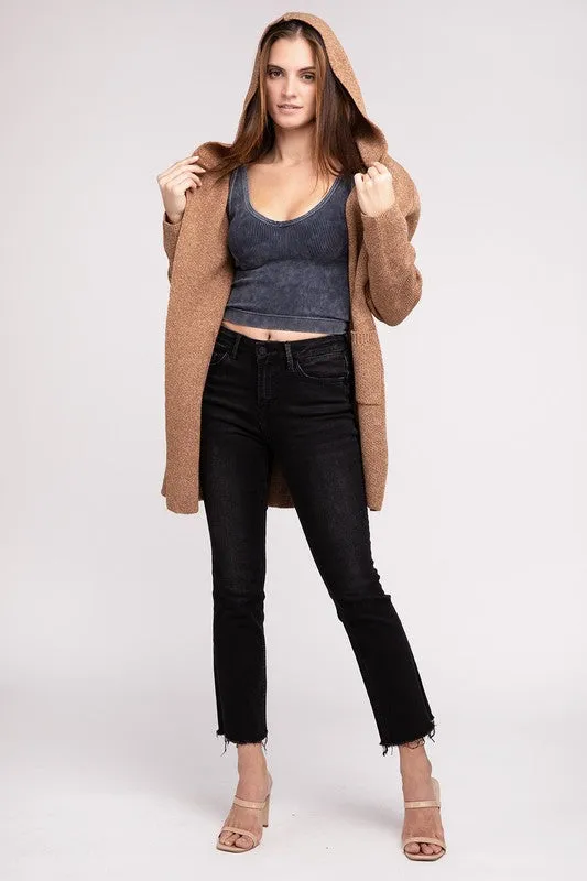 Hooded Open Front Sweater Cardigan - Zenana