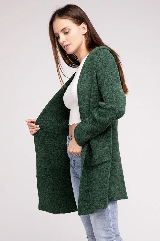 Hooded Open Front Sweater Cardigan - Zenana