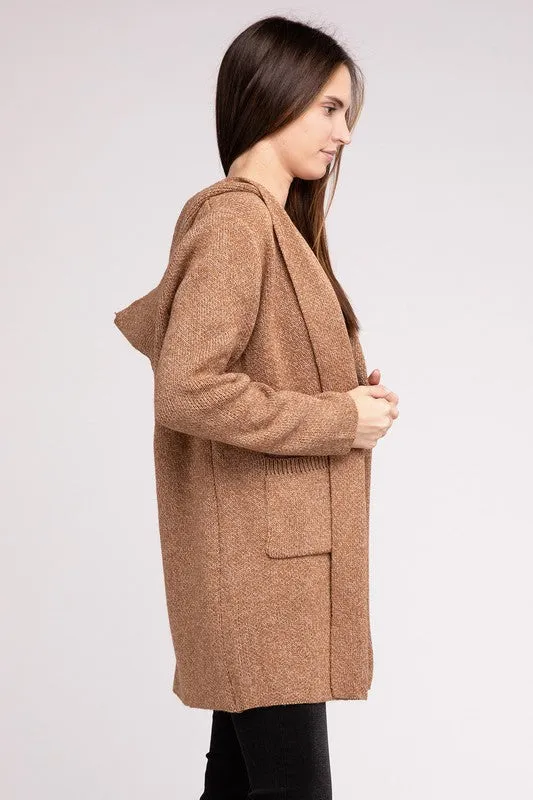 Hooded Open Front Sweater Cardigan - Zenana