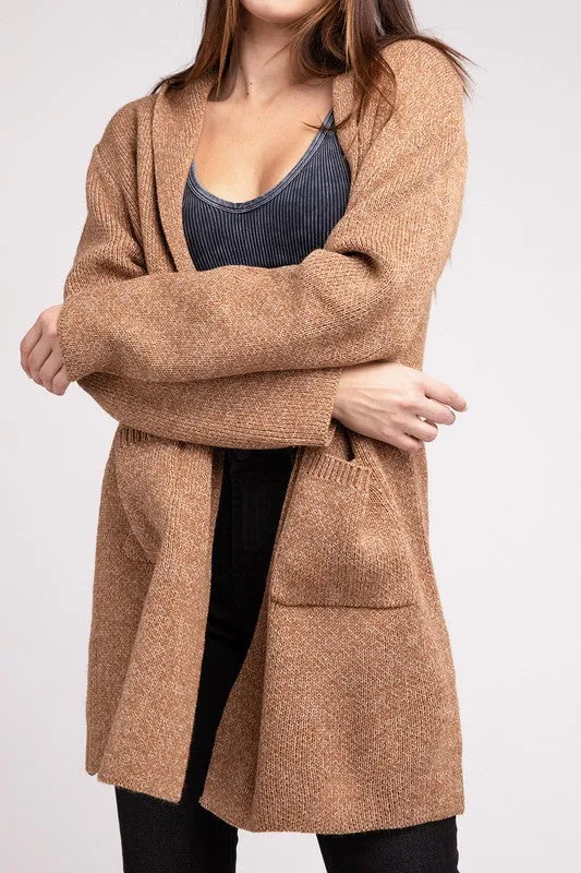 Hooded Open Front Sweater Cardigan - Zenana