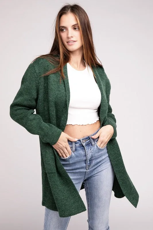 Hooded Open Front Sweater Cardigan - Zenana