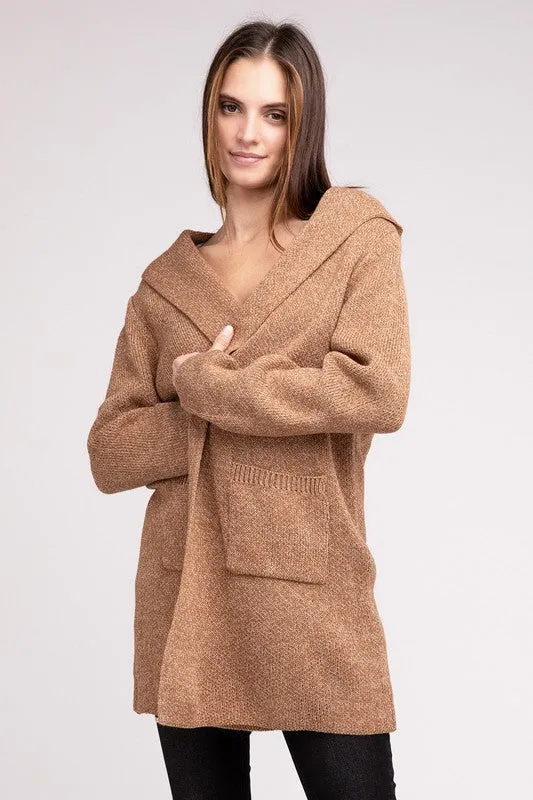 Hooded Open Front Sweater Cardigan - Zenana