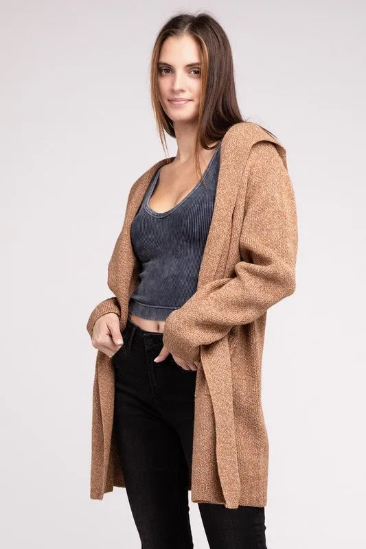 Hooded Open Front Sweater Cardigan - Zenana
