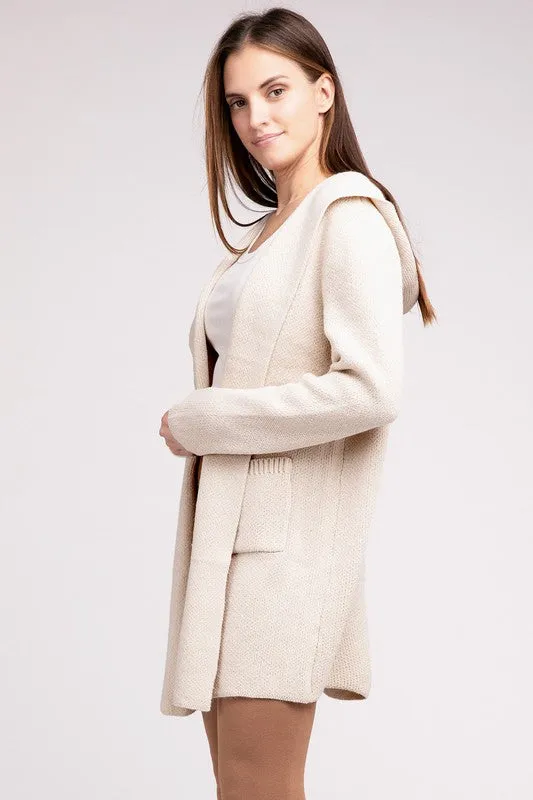 Hooded Open Front Sweater Cardigan - Zenana