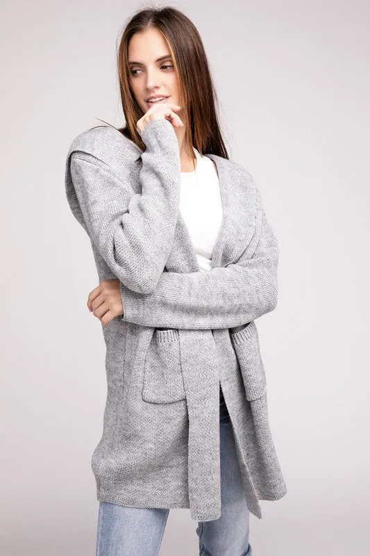 Hooded Open Front Sweater Cardigan - Zenana