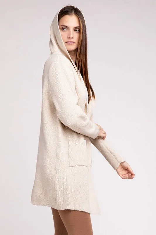 Hooded Open Front Sweater Cardigan - Zenana