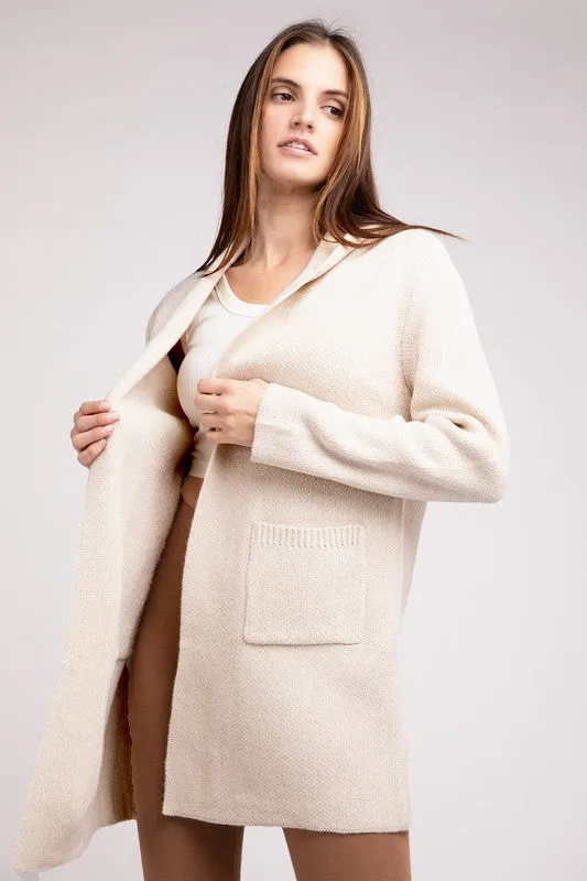 Hooded Open Front Sweater Cardigan - Zenana