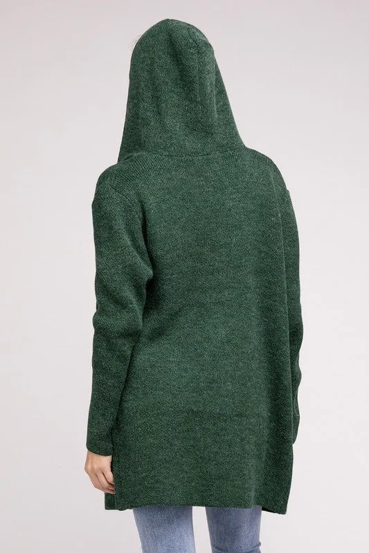 Hooded Open Front Sweater Cardigan - Zenana