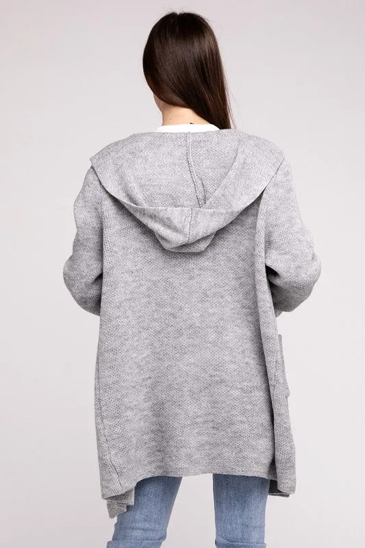 Hooded Open Front Sweater Cardigan - Zenana