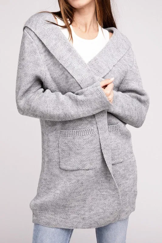 Hooded Open Front Sweater Cardigan - Zenana
