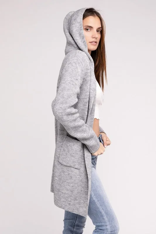 Hooded Open Front Sweater Cardigan - Zenana