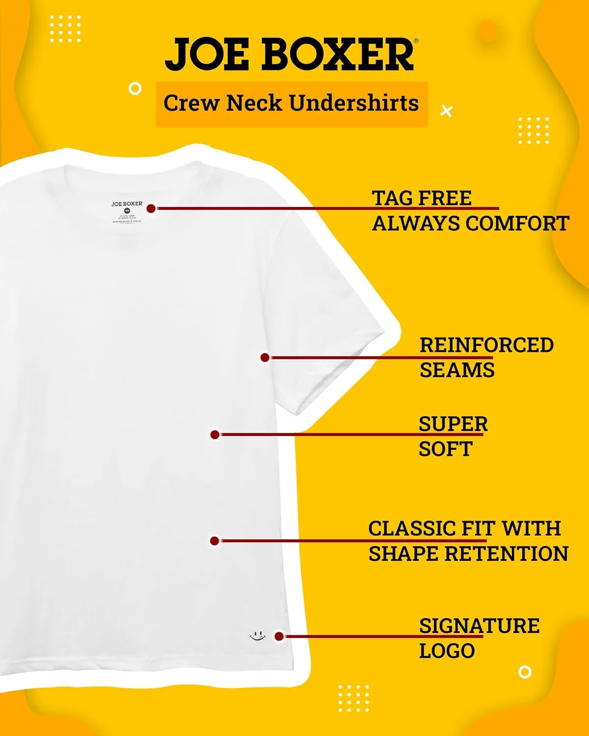 JOE BOXER White Undershirts for Men Pack of 4, Men's T-Shirts 4-Pack, Tag Free, Breathable Cotton-Poly Knit