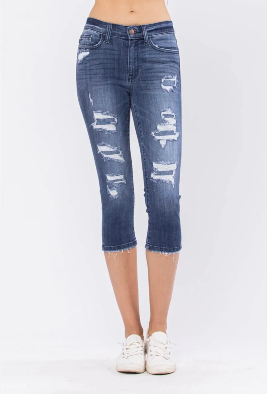 Judy Blue Julie Mid-Rise Contrast Patch Skinny Capri Jeans