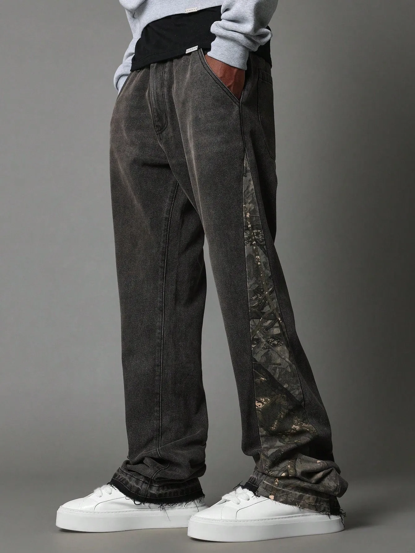 Loose Flare Fit Jean With Camouflage Printed Panel